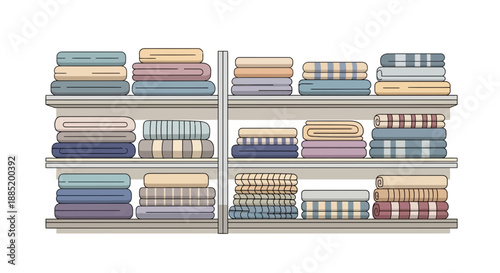 Shelves filled with neatly stacked folded fabrics or textiles in various colors.