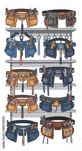 Multiple tool belts are hanging on a metal rack against a white background.