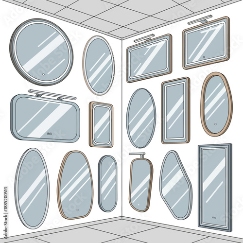 Multiple mirrors of different shapes and sizes are arranged in a corner.