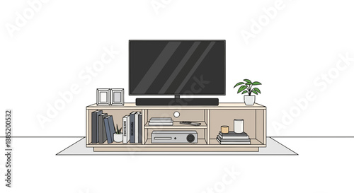 Television on a cabinet with books and a plant against a white background.
