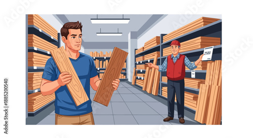 Man holding wood planks in a store with shelves full of lumber.