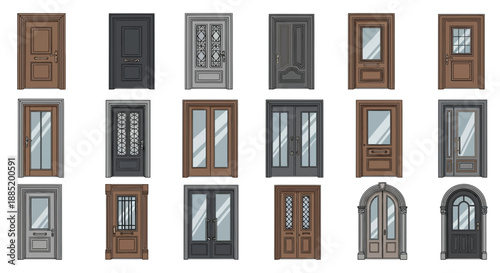 Collection of various door styles and designs in a grid arrangement.