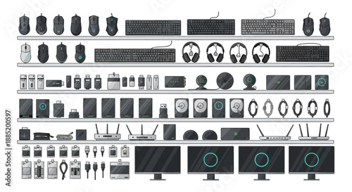 Computer accessories arranged on shelves including monitors keyboards mice and headphones.