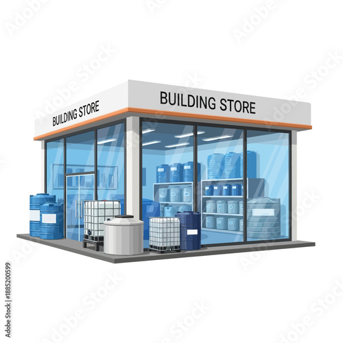 A building store with glass walls and merchandise displayed outside on white.