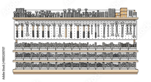 Tools are organized on a pegboard wall mounted storage system.