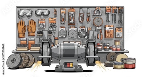 Grinding machine in workshop with tools on wall illustration.
