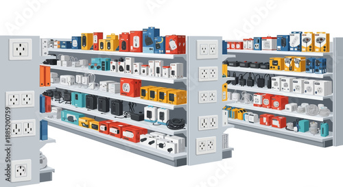 Shelves filled with colorful packaged goods in a store or warehouse setting.