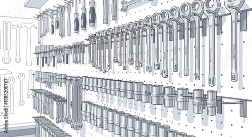 Tools hanging on a pegboard in a workshop or garage organized and neat.