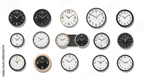 Many clocks with different designs show various times on a white background.