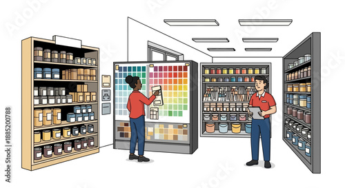Two people in a store with shelves of goods and a color palette.