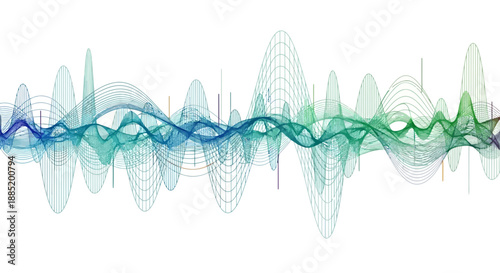 Vibrant green and blue waveform graphic on white background oscillating lines