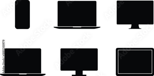 Vector illustration set of black and white smartphones, tablet PCs, and digital devices featuring mobile screens and laptop monitors for modern business technology design