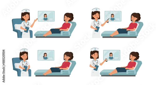 Medical consultation Patient receiving advice from a nurse in a clinic, showing different stages of the interaction