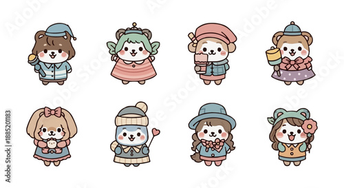 Adorable collection of animal characters dressed in cozy winter outfits, perfect for adding a heartwarming and playful touch of seasonal delight to creative projects