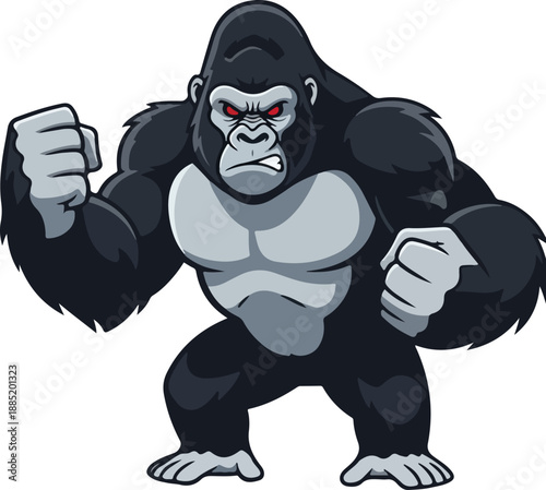Fierce silverback gorilla standing aggressively with clenched fists and glowing red eyes prepared for a brutal jungle confrontation or epic battle.