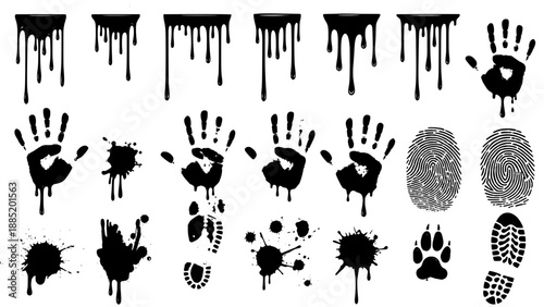 Imprint, handprint, fingerprint, paw, footprint and drip set