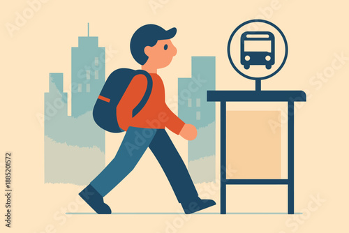 Boy with backpack walking towards bus stop in city.