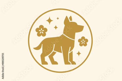 Golden Dog Zodiac Sign with Floral Accents in Circular Frame.