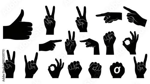 Collection of Hand Gestures Silhouettes Isolated on White Background.