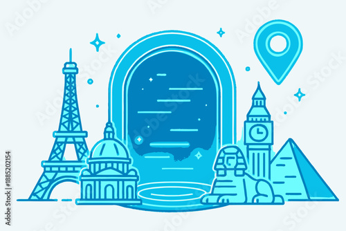 World Landmarks in Blue Line Art Style with Travel Theme.