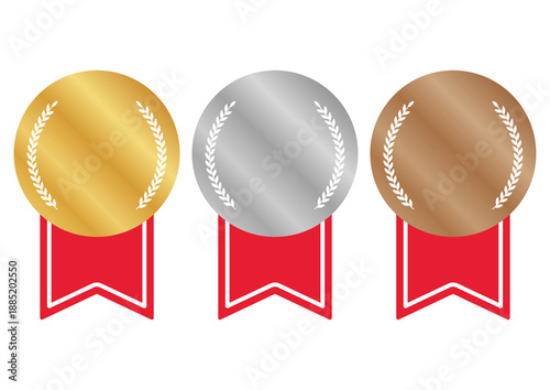 表彰や順位を表現する豪華な金銀銅のメダルと赤いリボンのランキングアイコンセット・アワード・メダル