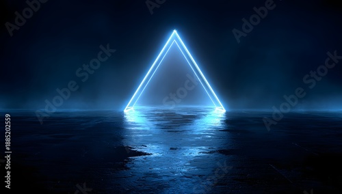 Neon blue glowing triangle shape illuminates dark wet floor with atmospheric fog in abstract digital environment