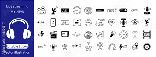 ライブ配信と動画ストリーミングのアイコンセット：放送、オンラインイベント、ソーシャルメディアのベクターイラスト（編集可能）