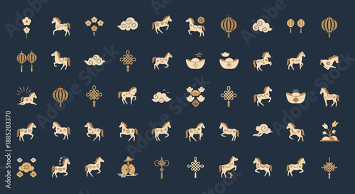 A collection of golden Chinese cultural icons including horses, lanterns, clouds, knots, and ingots on a dark blue background.