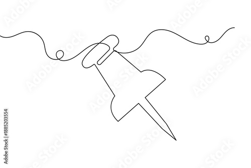 One line drawing of a push pin in minimalist style with isolated black outline vector illustration