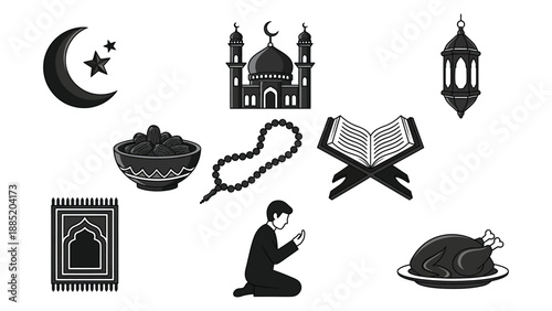 Islamic symbols and elements arranged in a minimalist style featuring a crescent moon star mosque prayer mat rosary beads quran lantern dates and roasted lamb