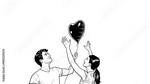 Black and white line art illustration of a couple releasing a heart-shaped balloon. Represents love, freedom, romance, and emotional connection.