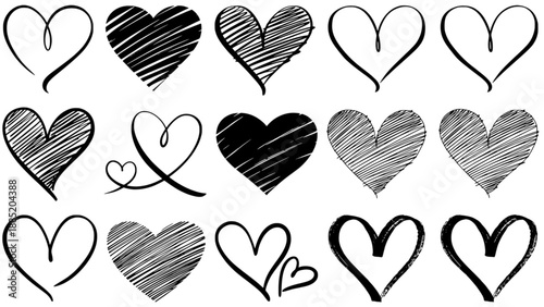 Collection of hand-drawn heart sketches in black and white. Perfect for love-themed designs, romantic illustrations, and creative graphics.