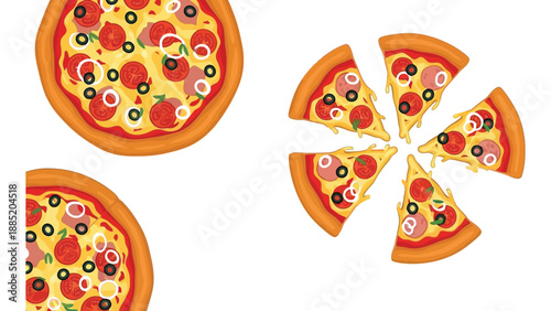 Assortment of delicious pepperoni and olive pizza illustrations with cut slices