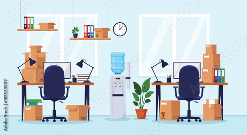 Messy office space with desks covered in cardboard boxes, indicating a company relocation, moving day, or an overflow of deliveries.