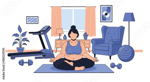 Plus-size woman practicing yoga and meditation in her living room, promoting body positivity, wellness, and a healthy home lifestyle.