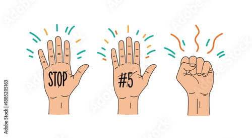 Set of three hand gestures including a stop sign, a high five, and a clenched fist, showing various expressions and symbols.