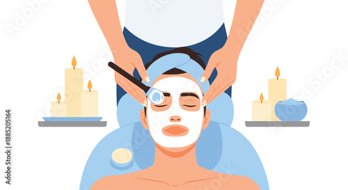 Man relaxing at a spa with a towel on his head, receiving a professional facial mask treatment in a serene setting with candles.