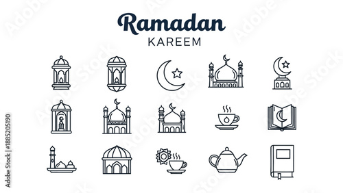 Ramadan kareem celebration icons with mosque lantern crescent moon and prayer mat in minimalist line art style