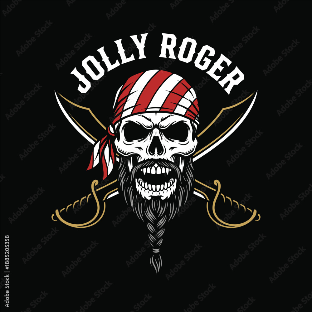 Fototapeta premium Fierce Pirate Skull with Striped Bandana on Black Background