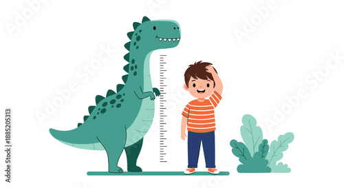 Cute little boy measuring his height on a dinosaur-themed growth chart on the wall, tracking his childhood development.