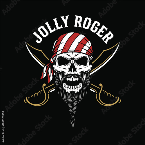 Fierce Pirate Skull with Striped Bandana on Black Background