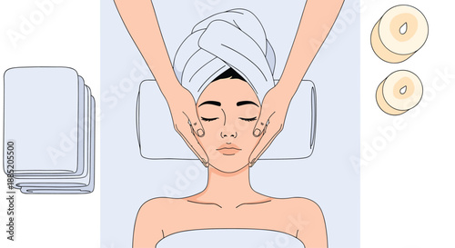 Top-down view of a woman with a towel on her head receiving a relaxing facial massage at a beauty spa salon.