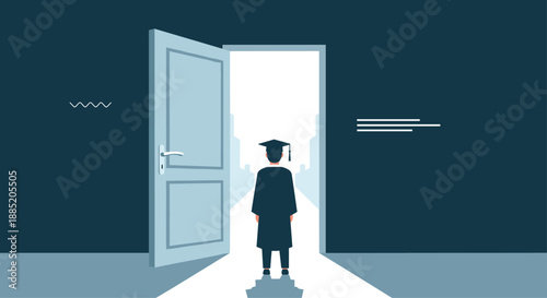 Graduate in a cap and gown standing before a bright open door, symbolizing the future, opportunities, and a new beginning.