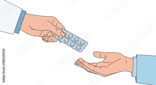 Doctor's hand giving a blister pack of pills to a patient's hand as a medical prescription for health treatment.