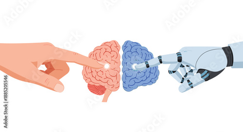 Human hand and a robot hand touching a brain, symbolizing the connection between human intelligence and artificial intelligence.