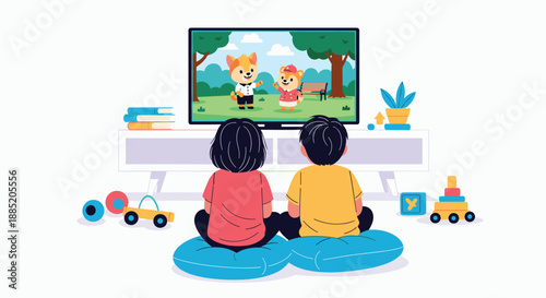 Two young children sitting on the floor together and watching an animated cartoon show on a large television screen.