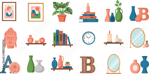 Decorative Home Elements Featuring Art, Plants, Books, Sculptures, Mirrors, Clocks, Candles, and Stylish Accessories for Cozy Interior Design