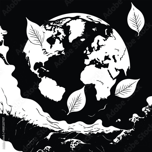 Climate change awareness, melting earth transformed into leaves, symbolic black and white vector, editorial style 2