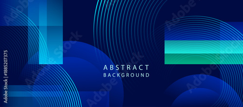 Abstract background with layered geometric shapes, wave patterns, and blue gradient tones.
