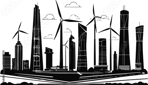Sustainable smart city skyline, eco architecture, renewable energy elements, monochrome vector illustration, ultra clean line art 1